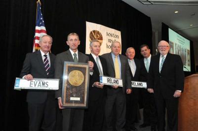 The Evans family (from left): Paul, William, James, Thomas and John with Mayor Walsh and Ed Forry. 	Margaret Brett photos
